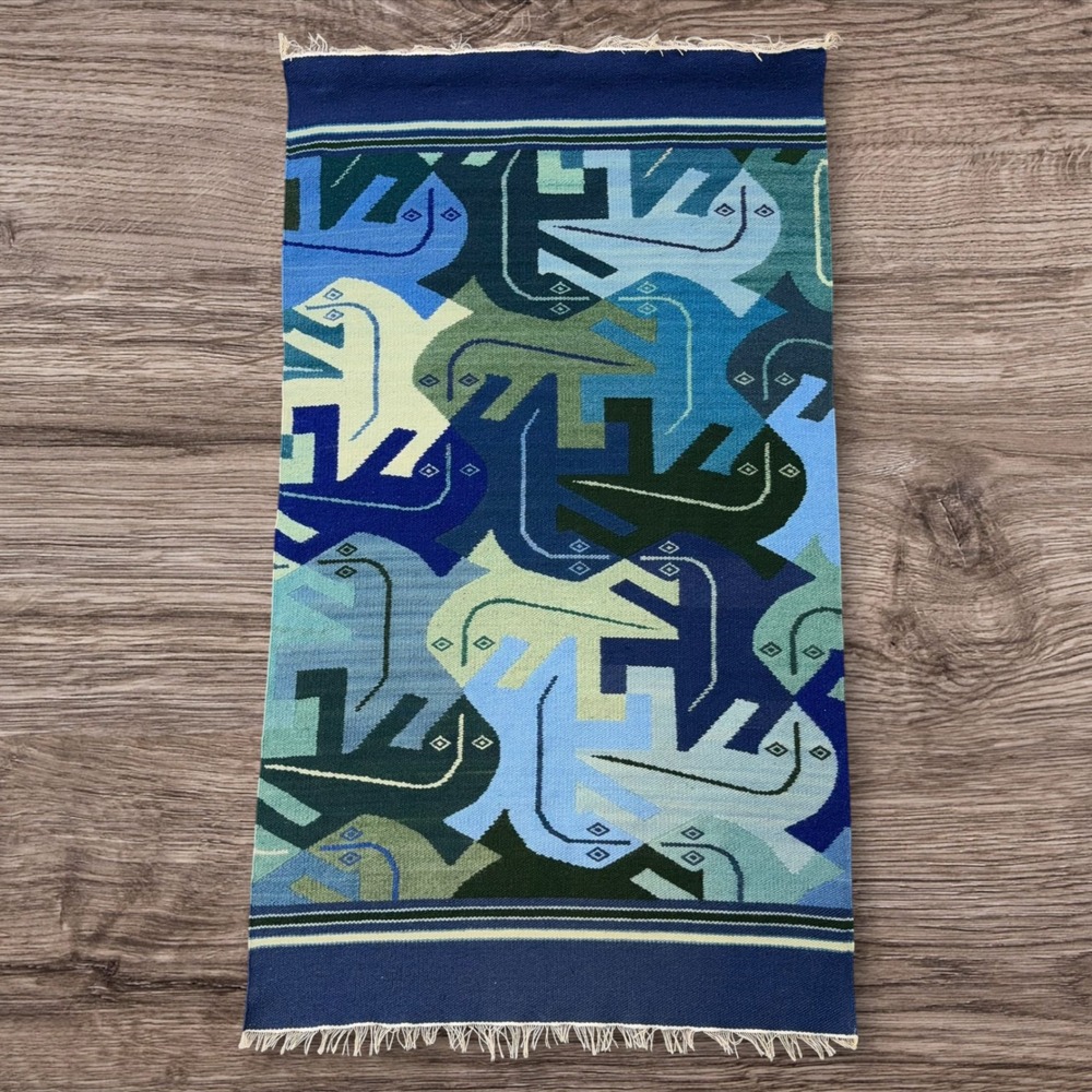 Vtg MC Escher Style Lizard Tessellation Handwoven Wool Tapestry Wall Art Blue - Picture 1 of 7